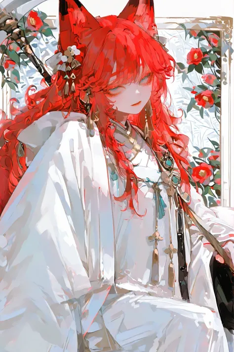The kitsune girl, the red-haired fiery fox. She has peach-white skin, Asian features, and slanted, half-lidded blue eyes. She has an oriental make-up, her eyes are lined with scarlet and gold, and she has stripes on her cheeks. She has longest orange-re...