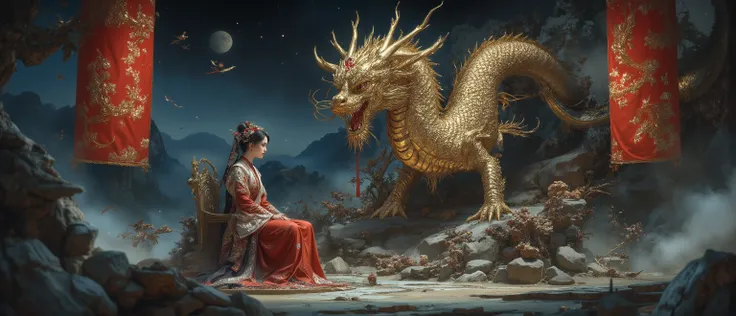 check_9, check_8_up, check_7_up,Source_ ,rating safe , reality,reality skin,(8 k、 clothing is the perfect masterpiece 、masterpiece of the highest quality、in high definition、), Scenes from a feature film, Japanese fantasy, Golden dragon,  facing forward , g...