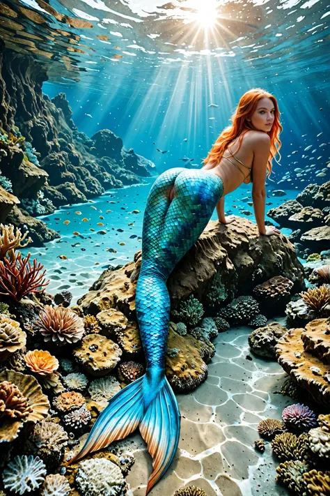 A stunning and enchanting mermaid with long, flowing orange hair, she has mesmerizing blue eyes, smooth and radiant skin, her fish tail is covered in iridescent green and gold scales, reflecting sunlight beautifully, lies on her side facing the camera, Hig...