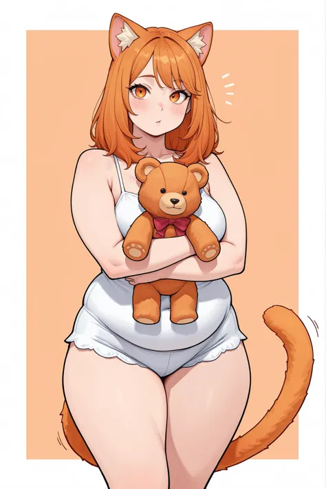 masterpiece, 8K, catgirl girl, chubby, orange medium hair, orange cat ears, orange tail, orange eyes, her human pulls her tail, she's holding her teddy bear
