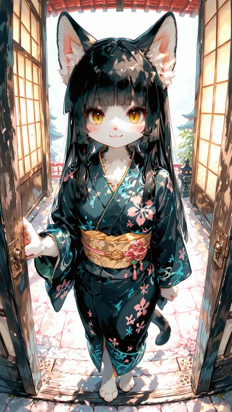 highest quality, Ultra High Quality, 64k, Beautiful and delicate anthropomorphic girl, cute cat girl, black hair, (furry),
beautiful gold eyes, perfect eyes, cute face, thin, (cat ear), ((cat tail)),
best smile, ((small breasts)), small waist,
black hair,...