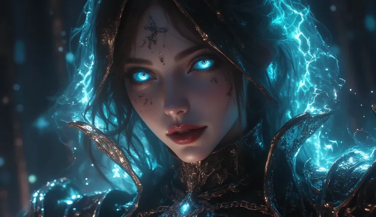 Create a hyper-detailed photo of a tattooed, jungen, sexy female berserker death knight, Breathtakingly perfect beautiful soft feminine face, Perfektes Make-up, detaillierte, glowing Florent neon eyes, langes Haar, hochdetaillierte, beautiful legs , hochd...