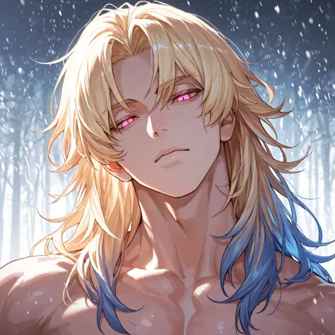 1 man, very handsome, wavy light blonde hair, one line of blue hair, middle part hair, medium length hair, head tilt, eyelashes, pink eyes, glowing pink eyes, cold eyes, muscular neck, thick neck, detailed, masterpiece, royal prince,