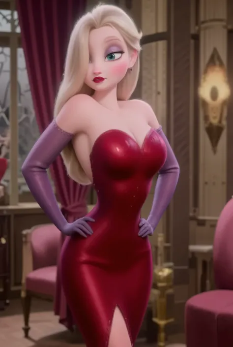 (Zavy's Elsa (disney), Standing confidently looking seductively at the spectator with one hand on her hip. She wears a shiny and glamorous tight red evening dress inspired by Jessica Rabbit, with a high slit and purple opera gloves. Her makeup is subtly do...