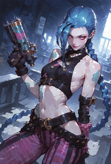 (score_9,score_8_up,score_7_up),((jinx full clothers,LIGHT MUSCLE,CURVY SEXY BODY TYPE,)), ,skindentation,,extremely detailed,dynamic lighting,best quality,,,best quality,high quality,, , dynamic angle, , thick thighs, motion lines, skindentation, seductiv...