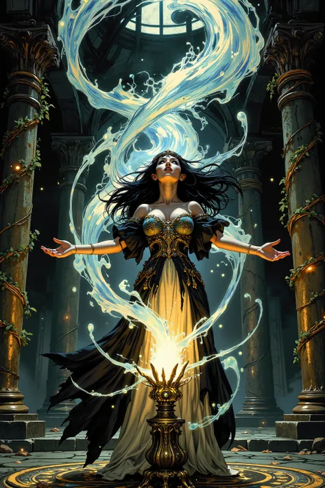 masterpiece art, Frank Frazetta art, beautiful woman, elf, full view, standing with arms out embracing swirling iridescent magic, (she is looking at the center of the magic, (the magic is swirling up from a giant crystal, the crystal is a centerpiece monum...