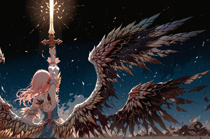 highest quality, Ultra High Quality, 64k, Beautiful and delicate angel girl, ((intricate illustrations)),
perspective, (detailed lighting), rim lighting, ((sharp focus)), (Destroyed Wings:1.6), (tattered Wings:2.0),