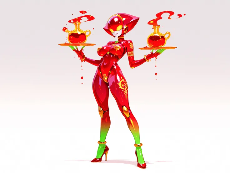 Alchemy. Tattoo, potions . android woman,, gradient color skin. strap high heels, red gold and green