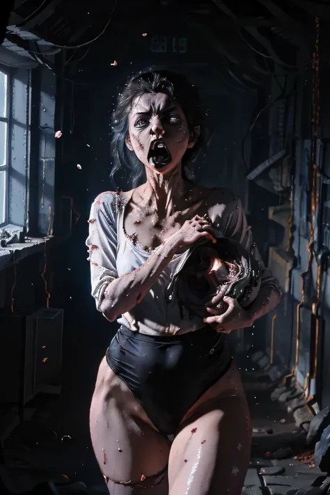 masterpiece, Highest quality, masterpiece,Zombie Girl, Evil Dead, Dark Energy, empty, Hollow Eyes, (an extremely evil),Dead Girl、 black magic, Dark Forest, Negative Energy, hell, Corpse wearing a black gymnastics bloomers,high leg,self wedgie,white blouse、...