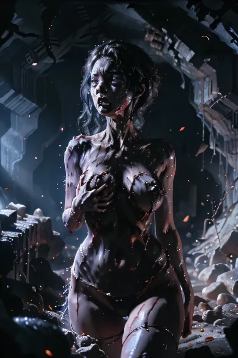 masterpiece, Highest quality, masterpiece,Zombie Girl, Evil Dead, Dark Energy, empty, Hollow Eyes, (an extremely evil),Dead Girl、 black magic, Dark Forest, Negative Energy, hell, Corpse wearing a black gymnastics bloomers,high leg,self wedgie,white blouse、...