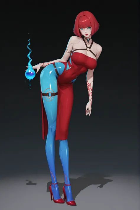 Alchemy. Tattoo,  potions . android woman,, gradient color skin. strap high heels, red gold and blue