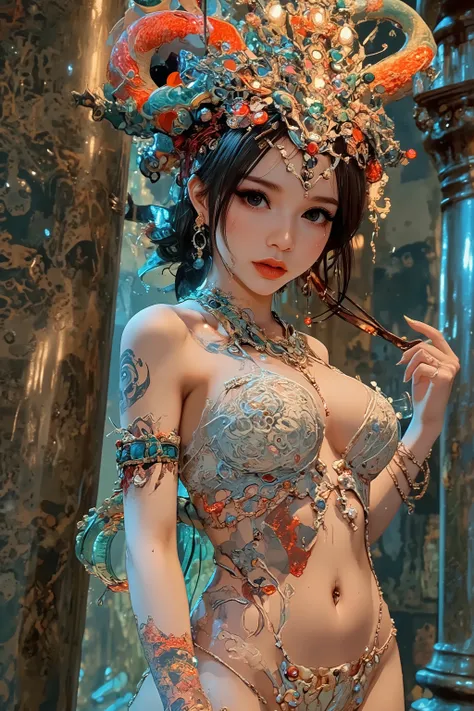 A lovely woman (cute, large dark eyes, exquisite makeup, magnesium white body make up, jeweled chromatic sexy gown many sequins and stomach revealed, intricate bejeweled headpiece, dragon tattoo up one leg and wrapping around torso colorful Asian dragon, j...