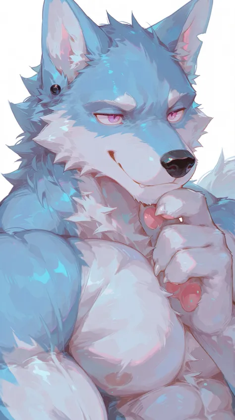 masterpiece, best quality, 8K resolution, HDR, 4K resolution, sharp focus, vibrant colors, anime cel-shading style: Semi-realistic anime with detailed furry features, solo male blue wolf furry, muscular build, deep blue fur, white fur on chin and chest, ex...