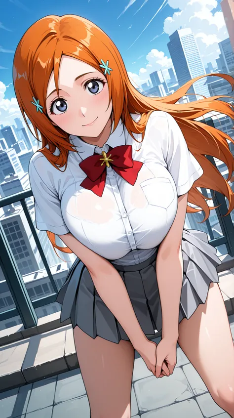 masterpiece, best quality,source_anime,1girl,solo,inoue orihime,smile,red bowtie,white shirt,Short Sleeves,gray pleated mini skirt,outdoors,city,building,rooftop,blue sky,standing,bent over,breasts squeezed together, v-arms,spread legs,arms between legs,ow...