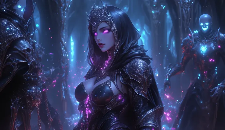 Create a hyper-detailed photo of a tattooed, jungen, sexy female berserker death knight, Breathtakingly perfect beautiful soft feminine face, Perfektes Make-up, detaillierte, glowing Florent neon eyes, langes Haar, hochdetaillierte, beautiful legs , hochd...