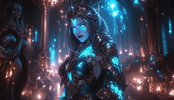 Create a hyper-detailed photo of a tattooed, jungen, sexy female berserker death knight, Breathtakingly perfect beautiful soft feminine face, Perfektes Make-up, detaillierte, glowing Florent neon eyes, langes Haar, hochdetaillierte, beautiful legs , hochd...
