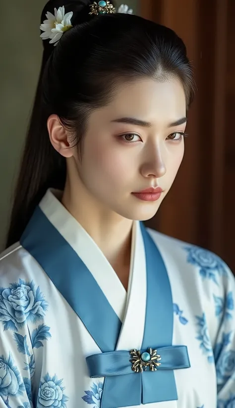 To a young man from North China and Southeast Korea, 22 years old, of the Chinese imperial era, an undeniably attractive young nobleman, dressed in elegant tunics ornamented in sky blue, white and printed with blue roses, of the Chinese imperial era. arro...