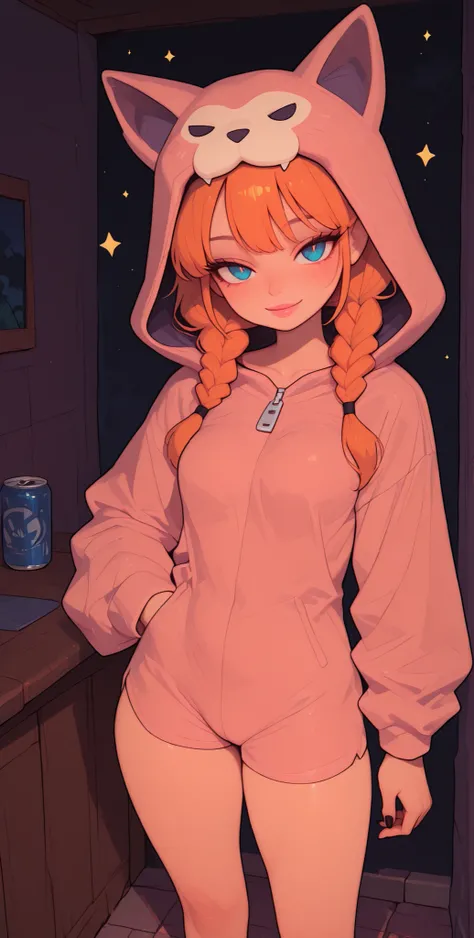 ((No lineart)), (adpx:1.2), night, dark room, (close-up face portrait),, dimly lit, cool color pallete, volumetric, shiny skin, 1girl, (petite), (slender), skindentations, hip_indentations, solo, orange hair, onesie pajamas, animal costume, cat onesie, lon...
