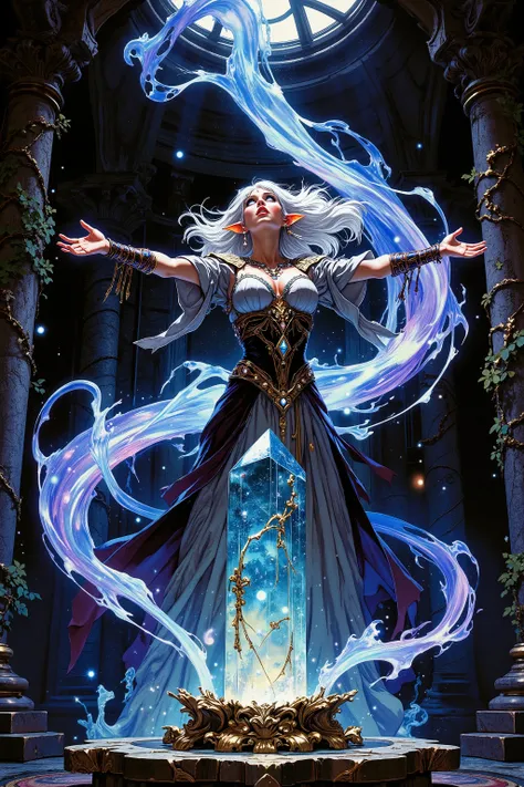 masterpiece art, Frank Frazetta art, beautiful woman, elf, full view, standing with arms out embracing swirling iridescent magic, (she is looking at the center of the magic, (the magic is swirling up from a giant crystal, the crystal is a centerpiece monum...