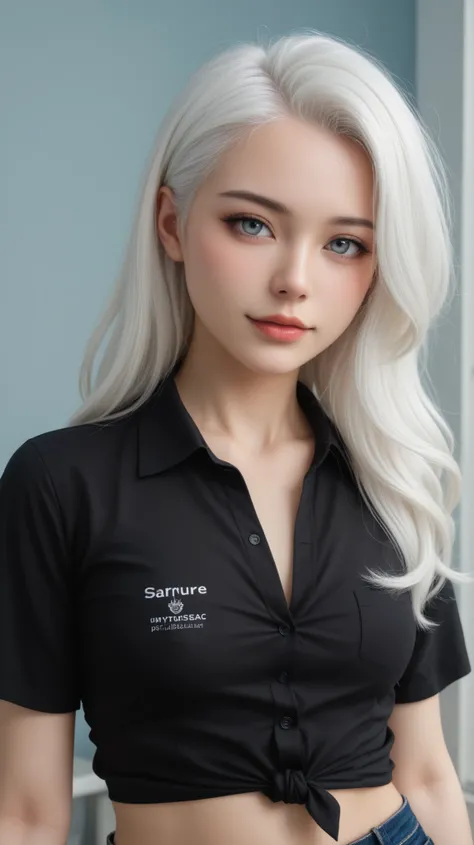 Realistic、realism、Portrait Photo、perfect anatomy、very realistic skin texture、Real Face、no makeup、Small face woman、cute face、Single Girl、 unnuited expression、(((Pure white hair))), Light grey eyes、Beautiful Eyes、(((black shirt、business shirt:1.37、 unbutto...