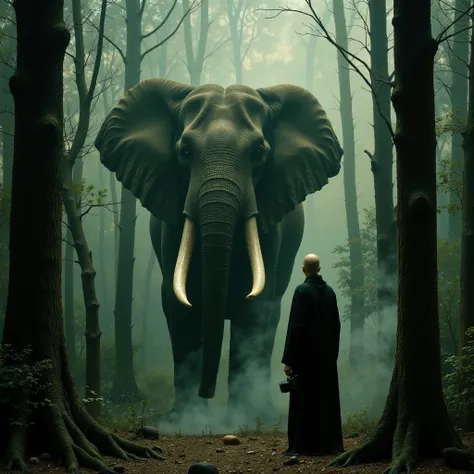 In a tranquil forest bathed in mystical light, a serene encounter unfolds between a majestic elephant and a a bald man wearing sunglasses and a long black robe. The elephant stands calmly, its presence commanding yet peaceful, with large ivory tusks that ...