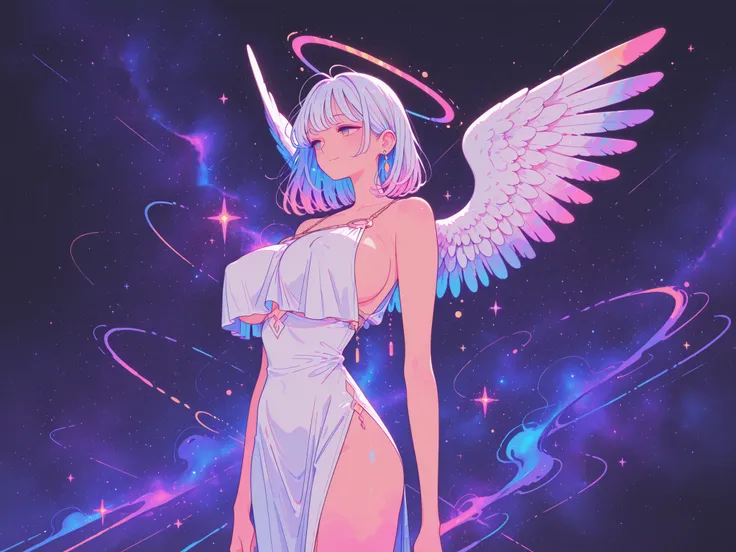 ((without wings,no wings, no feathers:1.3)) woman, perfect face , cute, huge breasts ,Abstract painting, colorful geometric patterns, Bold abstract strokes, vibrant splashes of color, Modern art, abstract forms and shapes, ((a beautiful angel without wings...