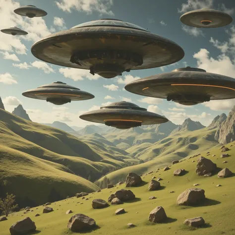 A fleet of UFOs, each bearing the classic saucer shape, hovers over a sprawling, idyllic landscape. The foreground is dominated by lush, rolling hills covered in a rich tapestry of vibrant greens and dotted with scattered rocks. In the distance, jagged mou...