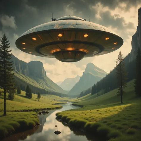 A colossal, disk-shaped UFO hovers silently above a serene, picturesque valley flanked by towering, lush evergreen trees. The silver-grey metallic surface of the UFO is marked with cracks and textures, hinting at an ancient, weathered structure, while its ...