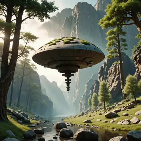 An enigmatic spacecraft, resembling a sleek, metallic saucer, hovers above a serene, rocky canyon. Its surface is adorned with lush patches of vibrant green moss, suggesting an intriguing fusion of nature and technology. The surrounding landscape is a tran...