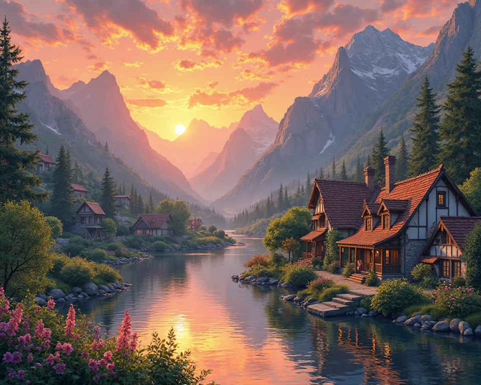 a all village by the river, mountains in the background, floral flowers colorful, detailed landscape, Beautiful natural landscapes, atmospheric lighting, scorching sunset, warm colours, practical, photopractical, Detailed Foliage, complex buildings, cobble...