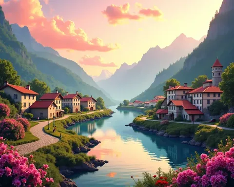 a all village by the river, mountains in the background, floral flowers colorful, detailed landscape, Beautiful natural landscapes, atmospheric lighting, scorching sunset, warm colours, practical, photopractical, Detailed Foliage, complex buildings, cobble...