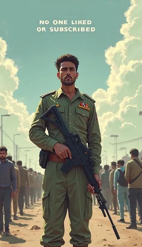 Brave soldier standing alone, slightly sad face, holding his weapon, people walking away in background, text in sky saying “No one liked or subscribed”, humorous ironic tone
 pakistani army ho
