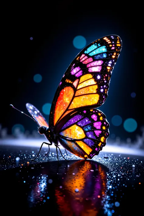 A hyper-detailed macro photograph of a glowing cosmic butterfly resting on a smooth, dark black surface—its wings glowing like stained glass with radiant hues of orange, purple, teal, and gold, each segment shimmering with galaxy-like nebula textures. The ...