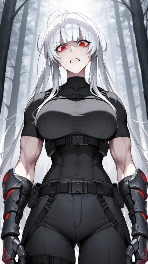 absurdres, (((Ultra HD))), (((Ultra High Quality))), ((hyper detailed)), ((Ultra High Resolution)), (Highly rendered), ((detailed eyes)), (((8K))), ((perfect face)), ((masterpiece)), 1girl, solo, tall, red eyes, silver hair, blunt bangs, messy hair, straig...