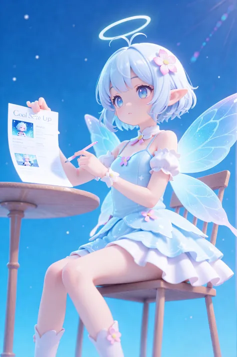 score_9, score_8_up, score_7_up, masterpiece, best quality, perfect facial features, highest resolution, 8k, amazing quality, detailed eyes, clear eyes, dynamic composition, dynamic pose, face clearly visible, close-up of face, low angle, turn your side, view from the side, turn only your face, face close, 1girl, solo, repochi, light blue hair, short hair, fairy wings, fairy, fairy girl, (fairy girl), repochi's clothes, fairy clothes, fairy dress, God's scribe, girl writing a report, girl writing on paper, sitting, table and chair, digital world, report floating, (((clear contrast between light and dark, cool color image)))