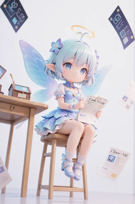 score_9, score_8_up, score_7_up, masterpiece, best quality, perfect facial features, highest resolution, 8k, amazing quality, detailed eyes, clear eyes, dynamic composition, dynamic pose, face clearly visible, close-up of face, low angle, turn your side, view from the side, turn only your face, face close, 1girl, solo, chibi, repochi, light blue hair, short hair, fairy wings, fairy, fairy girl, (fairy girl), repochi's clothes, fairy clothes, fairy dress, God's scribe, girl writing a report, girl writing on paper, sitting, table and chair, digital world, report floating, Smile, (((clear contrast between light and dark, cool color image)))