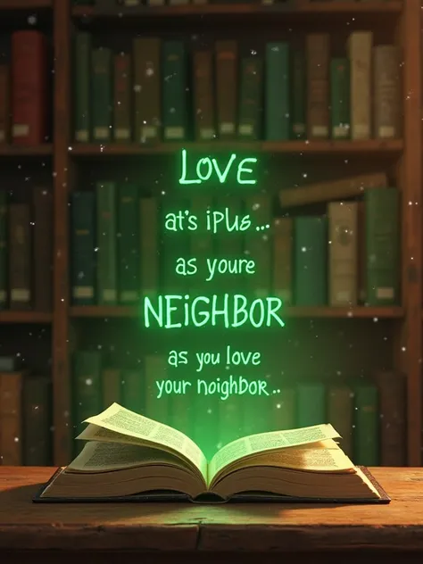 ((Pixar animated world view)), (Dusty Bible in an old library, when you open a magic book with green LED letters「 Love your neighbor as you love your neighbor. 」The word), (cute but distorted old library shelf background、portrait designed by Pixar Animation comes to light),