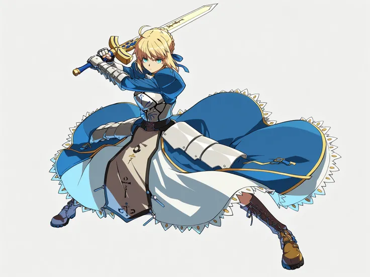 White background, high quality image, source_anime, Fate Stay Night, Saber, 1girl, meduim breasts, lithe body, blue eyes, neutral expression, blonde hair, knight dress, armor, gauntlets, combat boots, holding excalibur, stance, Guilty Gear design