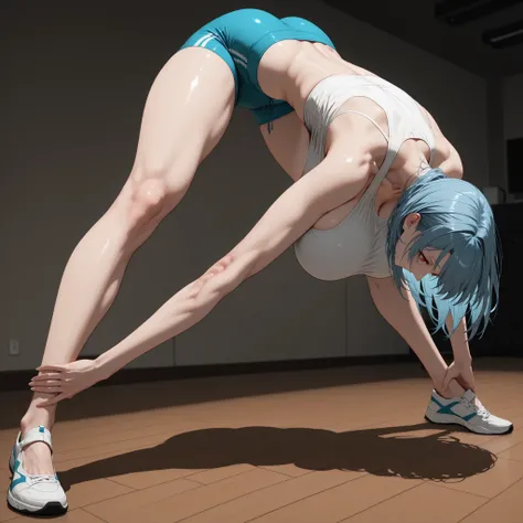 masterpiece, best quality ,
1girl, rei ayanami, blue hair, short hair, red eyes, (Huge breasts,long breasts),
anime-style female character doing a wide-legged forward bend yoga pose, sitting on the floor with legs spread apart, upper body bent forward...