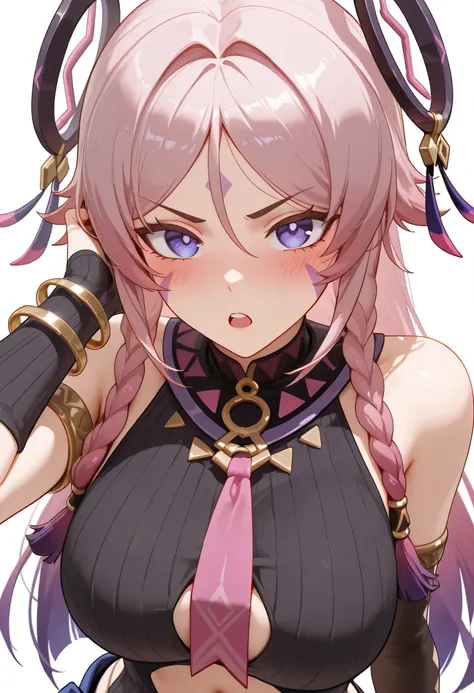 masterpiece, best quality, amazing quality, aesthetic, absurdres,<lora:Citlali_Genshin_Impact_ilxl_goofy:1> citlali, 1girl,facial mark, hair intakes, white background, upper body, large breasts, black shirt, bracelet, open mouth, upper teeth only, detac...