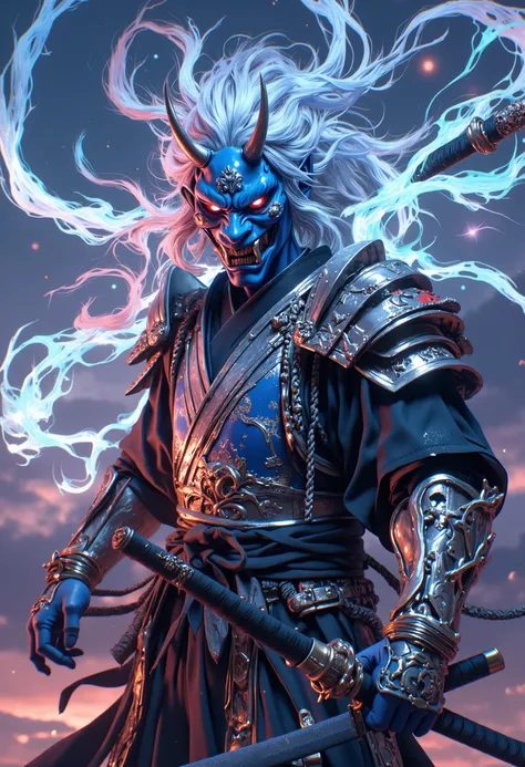 (A white Oni with blue smoke, holding up his sword in the air, wearing silver armor and kimono. Detailed illustration with a dynamic background in the style of fantasy art. A digital painting concept design showing a close up shot with ultra high resolutio...
