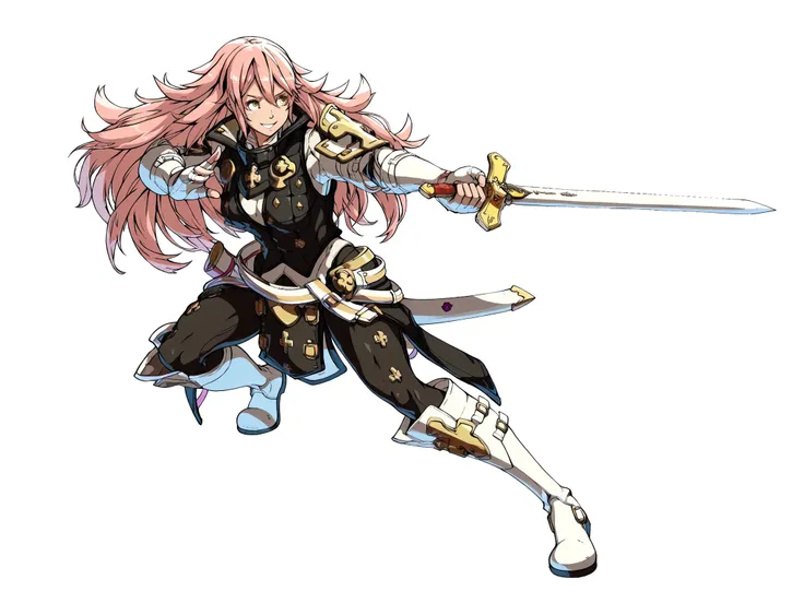 White background, high quality image, source_game, Fire Emblem Fates, Soleil, 1girl, medium breasts, lithe body, smiling, yellow eyes, pink hair, mercenary uniform, black vest, white undershirt, white gloves, black leggings, white long boots, knight armor,...