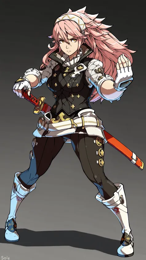 White background, high quality image, source_game, Fire Emblem Fates, Soleil, 1girl, medium breasts, lithe body, serious expression, yellow eyes, pink hair, mercenary uniform, black vest, white undershirt, white gloves, black leggings, white long boots, kn...
