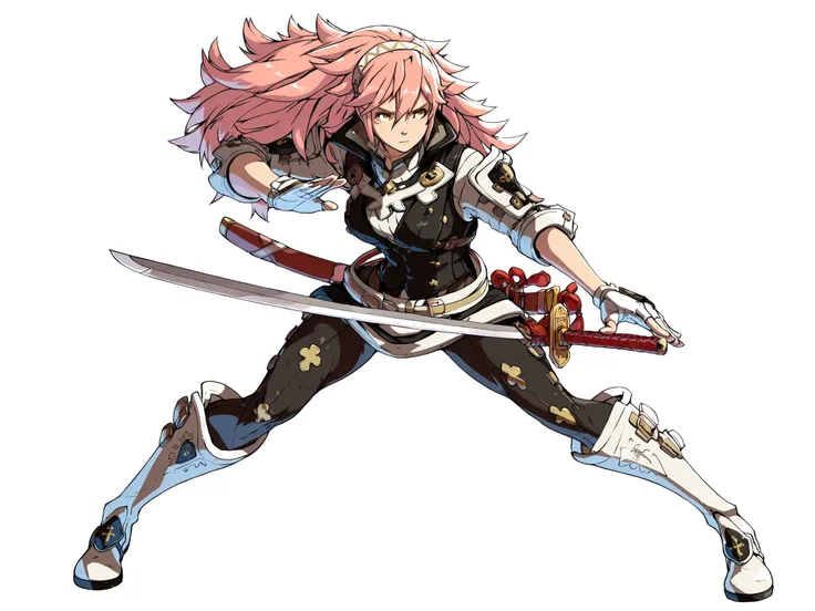 White background, high quality image, source_game, Fire Emblem Fates, Soleil, 1girl, medium breasts, lithe body, serious expression, yellow eyes, pink hair, mercenary uniform, black vest, white undershirt, white gloves, black leggings, white long boots, kn...