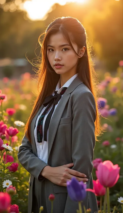 A stunning woman in a school uniform, surrounded by colorful flowers, showcasing a confident expression, captured during the golden hour,