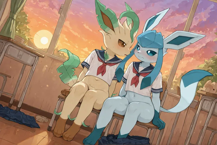 Two furry male cub boys, elementary school boy uniform, casting off, navel, flaccid, embarrassed ,Anime style furry eevee, sexy hot cub boys, in the school room, very young, short stature, full body, dynamic angle, furry leafeon, furry glaceon , slender sk...