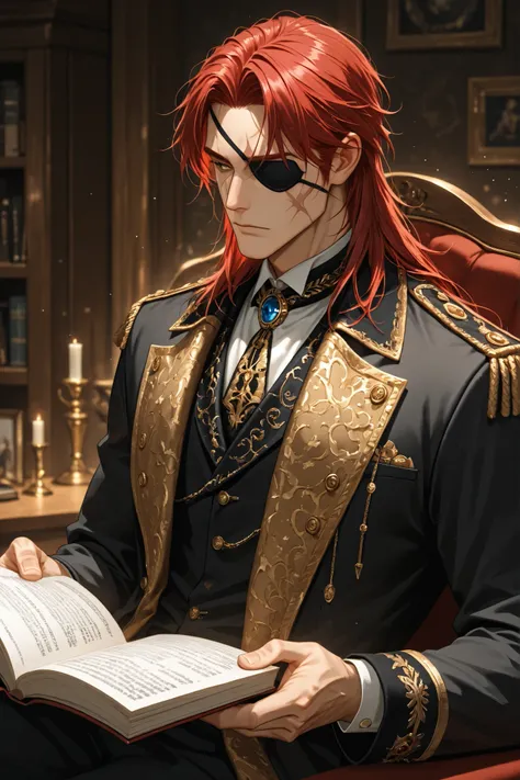 An elderly nobleman is peacefully reading a report in his office. red hair. a Duke Noble man. eye patch and a scar