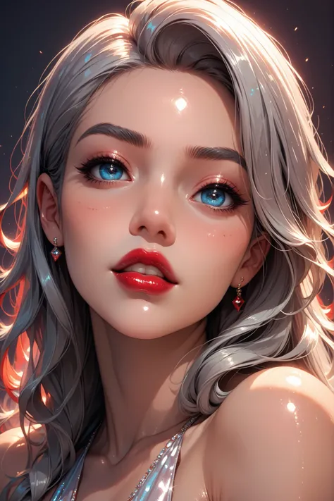 (perfect face), feminine, long hair, silver hair, (thin eyebrows), (grey eyebrows), blue eyes, nose, (thick lips), (red lips), female beautiful, looking at viewer, (((shiny skin)))