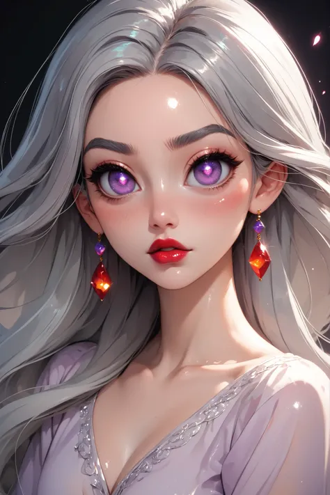 (perfect face), (long hair), (gray hair), (gray eyebrows), (thin eyebrows), (big eyes), (glowing eyes), (purple eyes), (blush), (bright red lips), (thick lips), (beautiful women), ((shiny skin))