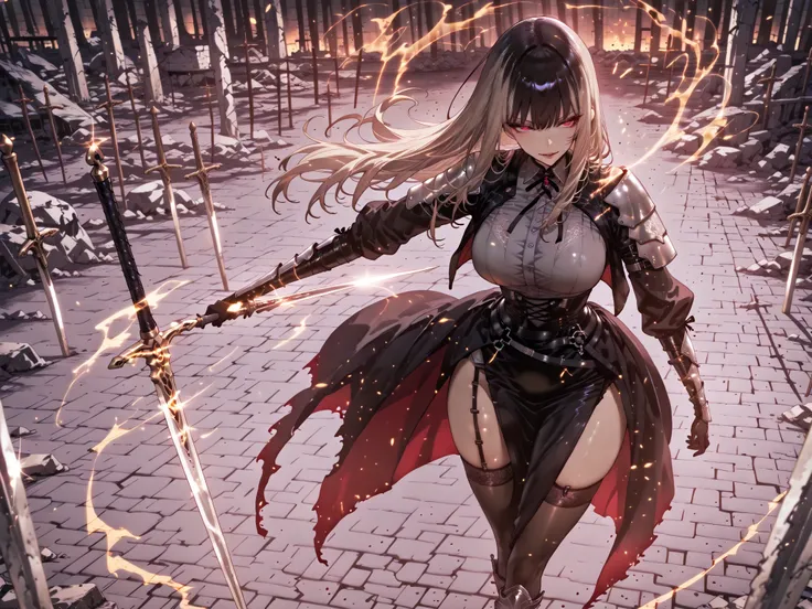 taken from above、Ball of Light、雷magic、caveの中、Ruins、black suit、black longsuit、 black long jacket、ゴスロリなshirt、Depressed、Tall Woman、A woman in her thirties、 Alassah's woman、Steins;Gate、 black longsuit 、score_9, score_8_up, score_7_up, Source_anime,masterpiece、...